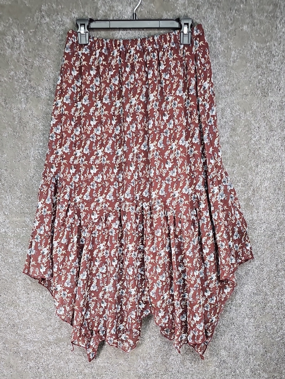 Originality Ditsy Floral & Eyelet Handkerchief Hem Skirt, Brown & Blue, Size Med